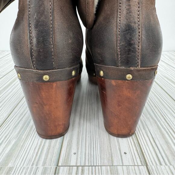 UGG Lynnea brown leather fold over sheepskin lined studded heeled clog boots 7 - Picture 7 of 12